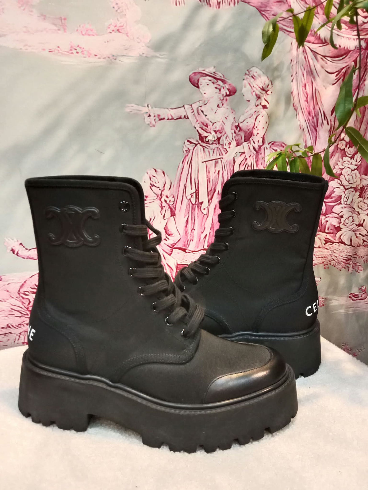 Celine Bulky Laced Up Boots Nylon/Shiny Bull Black Size 37.5