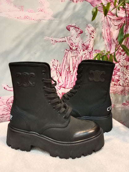 Celine Bulky Laced Up Boots Nylon/Shiny Bull Black Size 37.5