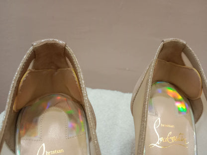 Christian Louboutin Galativi Pumps Beige Suede/Mesh with Crystal Embellishments Size 36