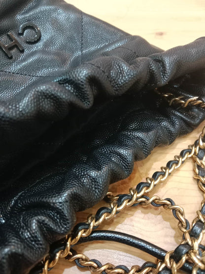Chanel 22 Shiny Caviar Black Monochrome Mini Microchipped