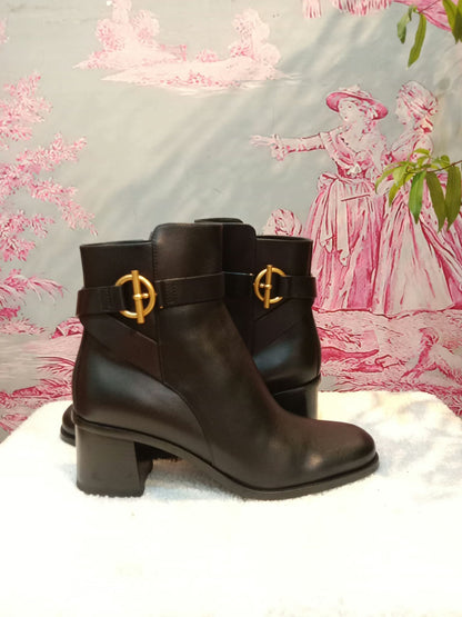 Hermes Jill 60 Ankle Boots Black Calfskin Aged Golden "Glenan" Nautical-Style Buckle Size 38.5