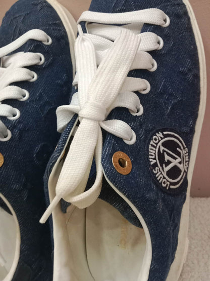 Louis Vuitton Time Out Sneakers Dark Blue Denim Monogram Embossed Pattern Size 37.5