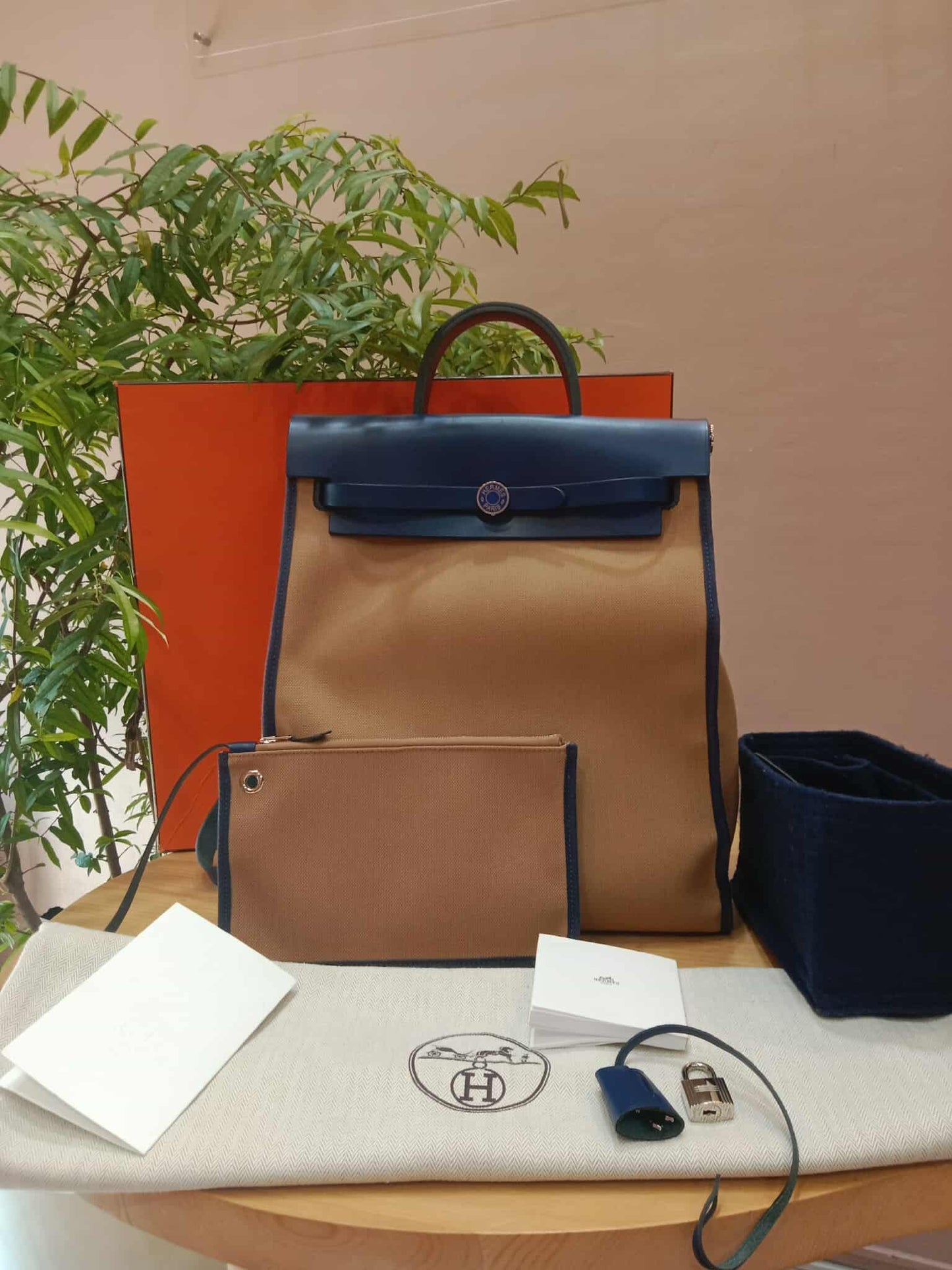 Hermes Herbag Ado Zip Backpack Canvas Bicolor Tan/Blue Stamp U 2022