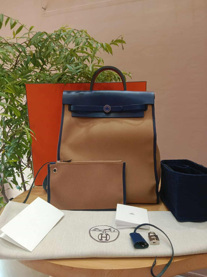 Hermes Herbag Ado Zip Backpack Canvas Bicolor Tan/Blue Stamp U 2022