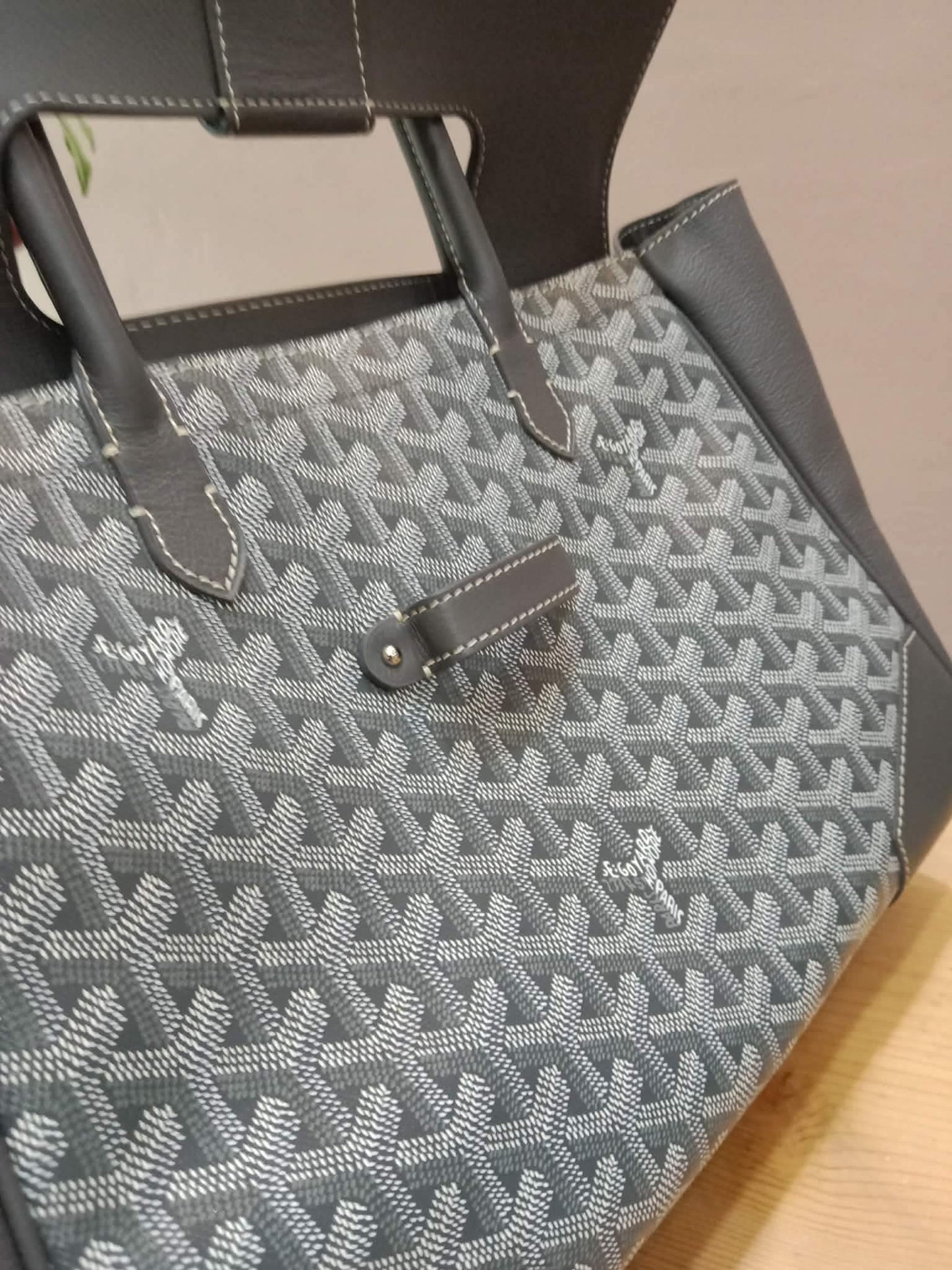 Goyard Saigon Tote Bag Goyardine Canvas with Structured Leather Trim Gris MM