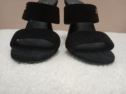 Chanel Pearl Heel Mules Black Suede with Pearl Embedded Heels Size 36