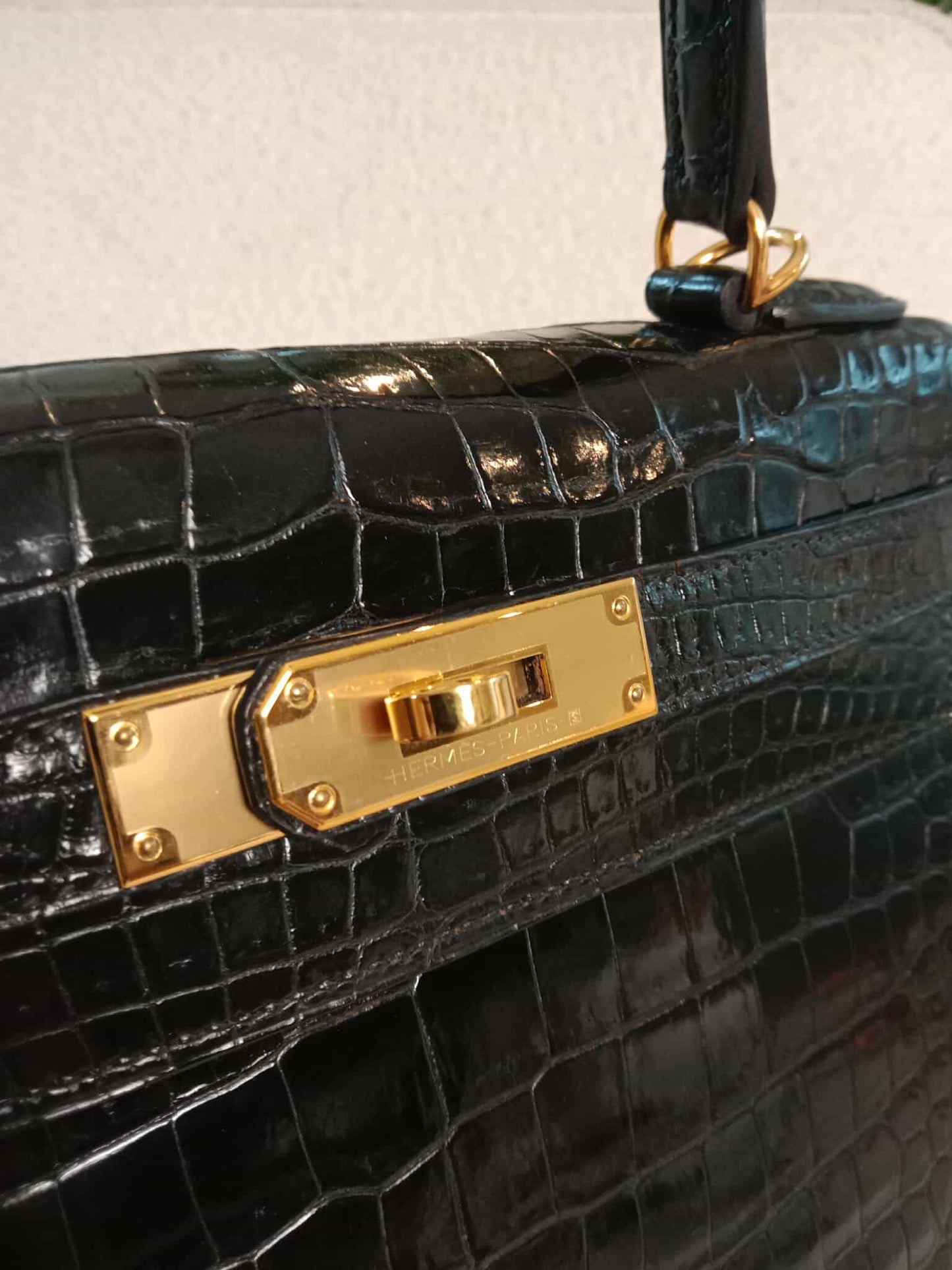 Hermes Kelly 28 Crocodile Noir Stamp S Circle 1989