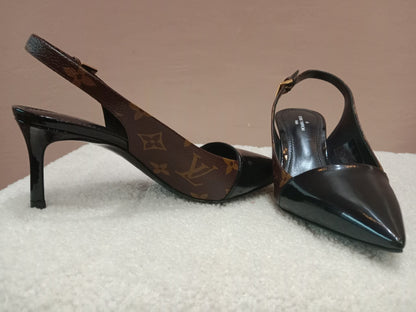 Louis Vuitton Archlight Slingback Pumps Toe Cap Patent Black Monogram Canvas Size 35.5
