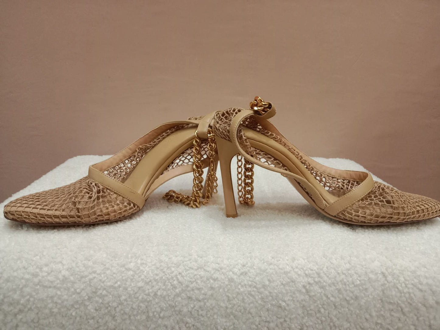Bottega Veneta Mesh Nappa Chunky Chain Sandals Beige Size 36
