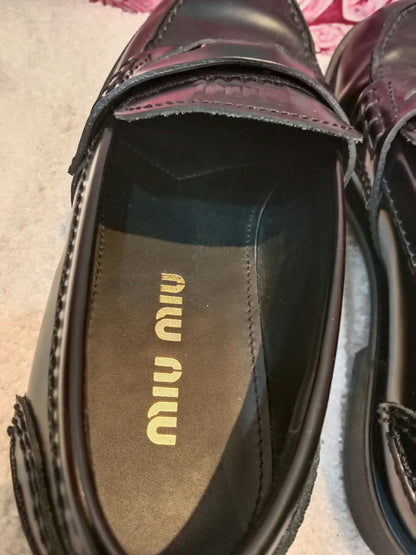 Miu Miu Brushed Penny Loafers Leather Black Size 35