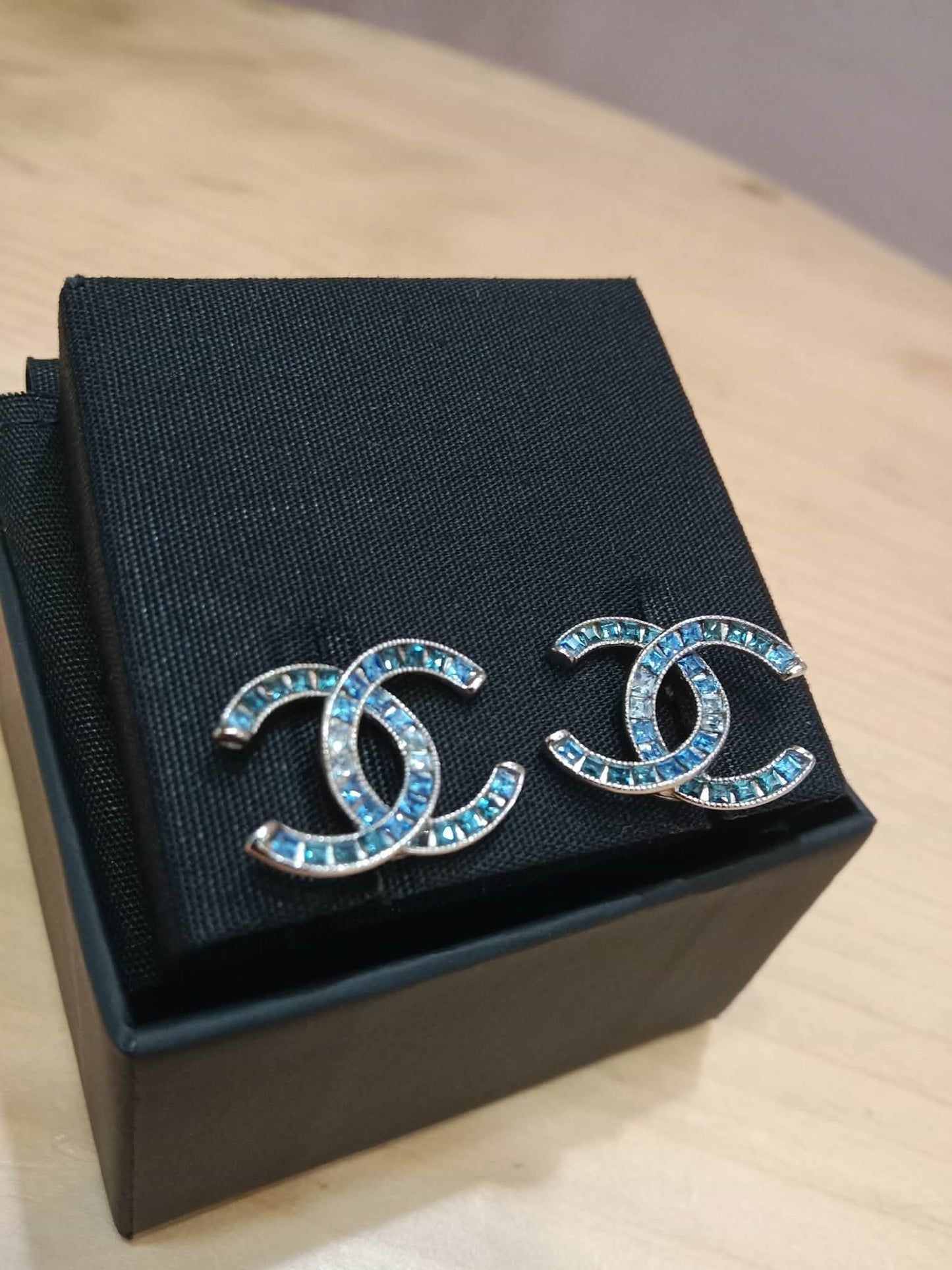 Chanel CC Silver Blue Princess Crystal Stud Earrings