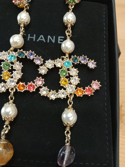 Chanel Rainbow Crystal CC Drop Earrings