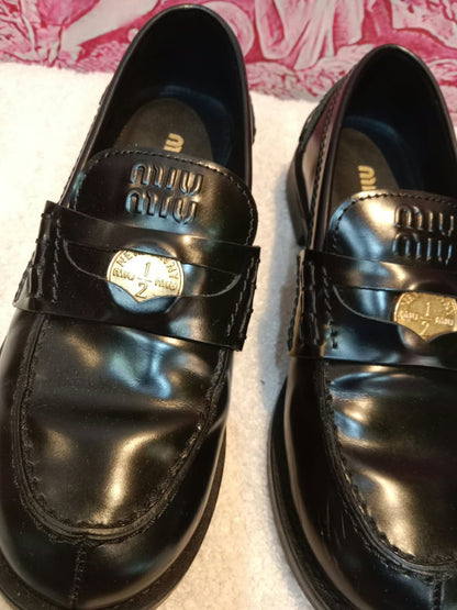 Miu Miu Brushed Penny Loafers Leather Black Size 35