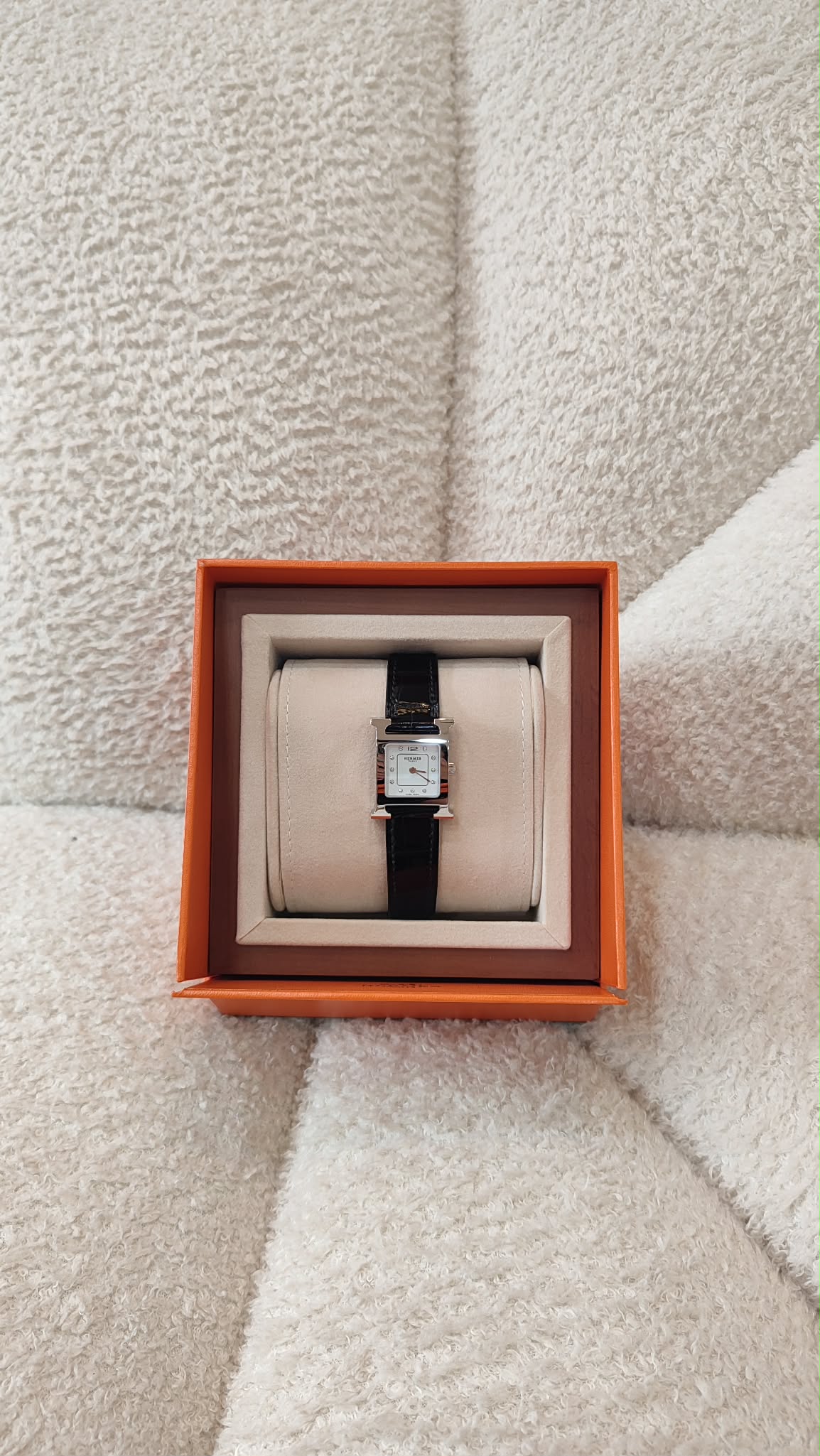 Hermes H Watch Noir Croc Leather Strap