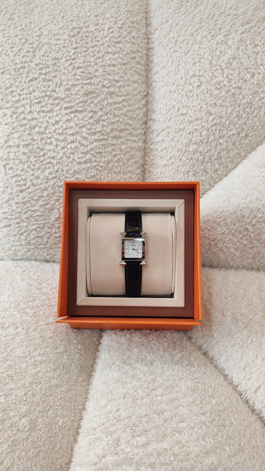 Hermes H Watch Noir Croc Leather Strap