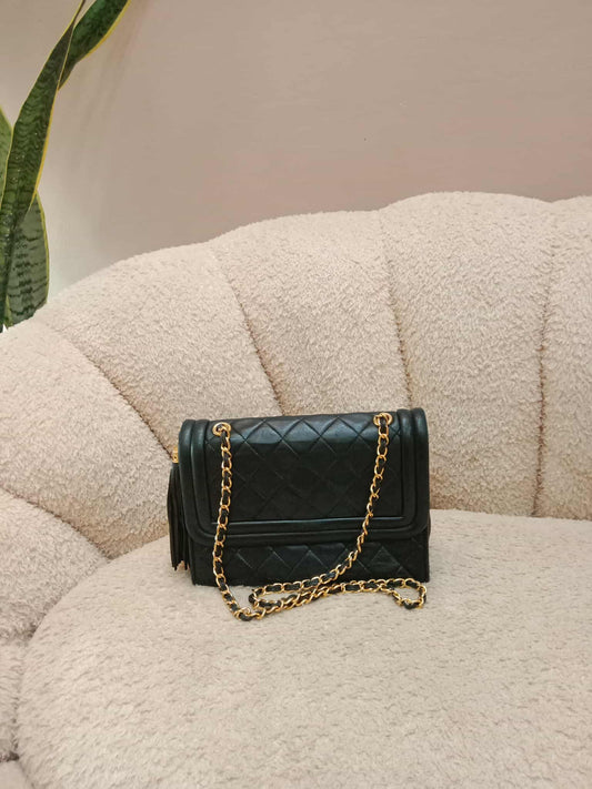 Chanel Vintage Chain Tassel Flap Bag Black Lambskin Series 0