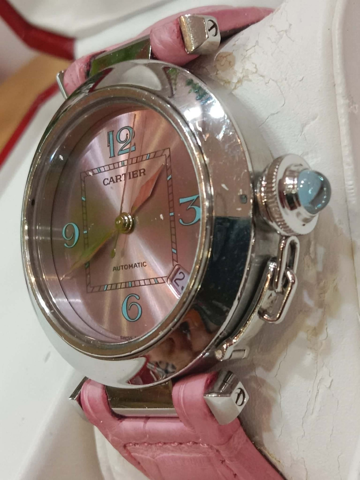 Cartier Pasha C Pink Blue Limited Edition Watch 35mm Stainless Steel Case Pink Alligator Leather Strap
