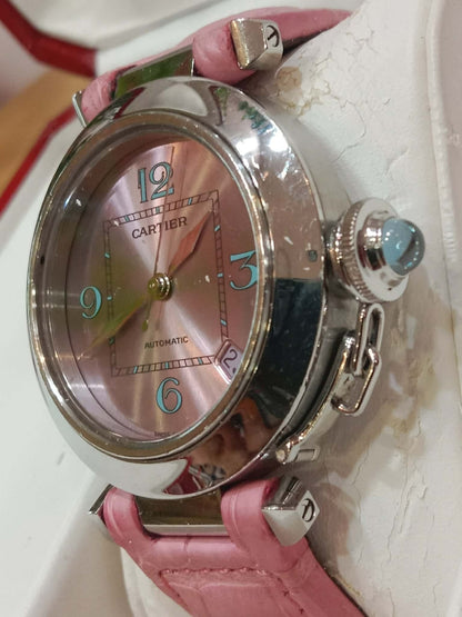 Cartier Pasha C Pink Blue Limited Edition Watch 35mm Stainless Steel Case Pink Alligator Leather Strap