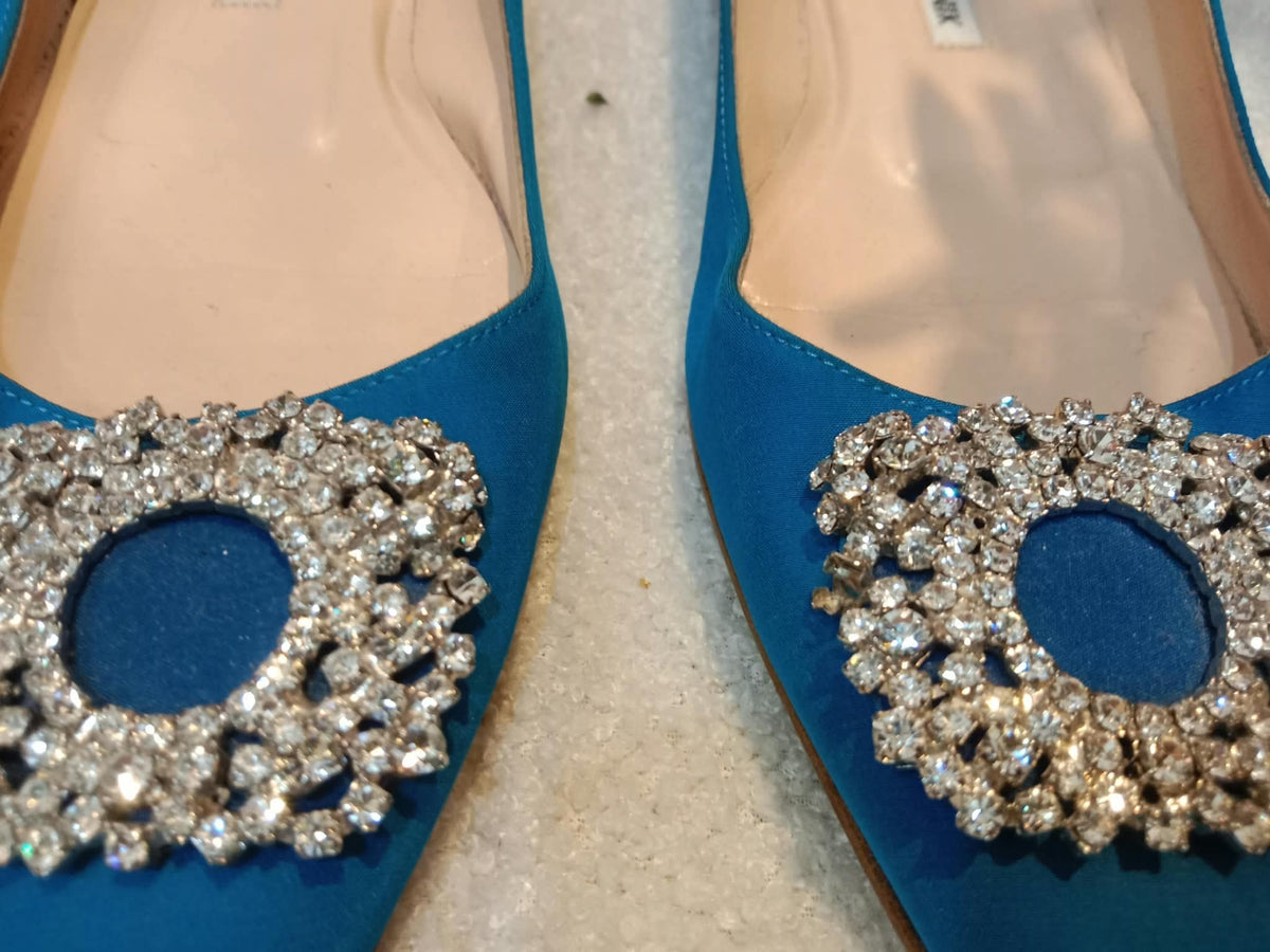Manolo Blahnik Blue Satin Jewel Buckle Flat Pumps Size 37