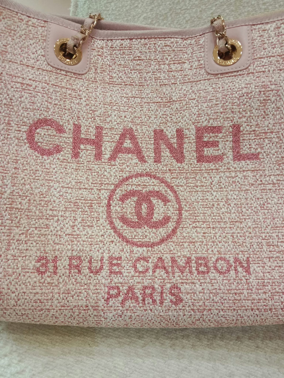 Chanel Deauville Tote Tweed Pink Microchipped