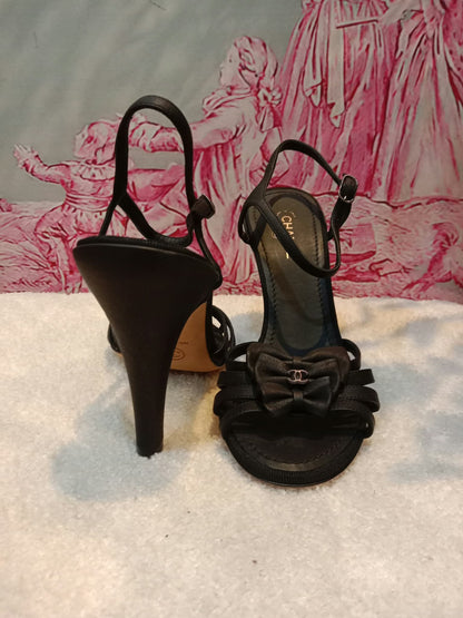 Chanel Ankle-Strap Tiered Bow CC Logo Sandals Black Size 37 1/2