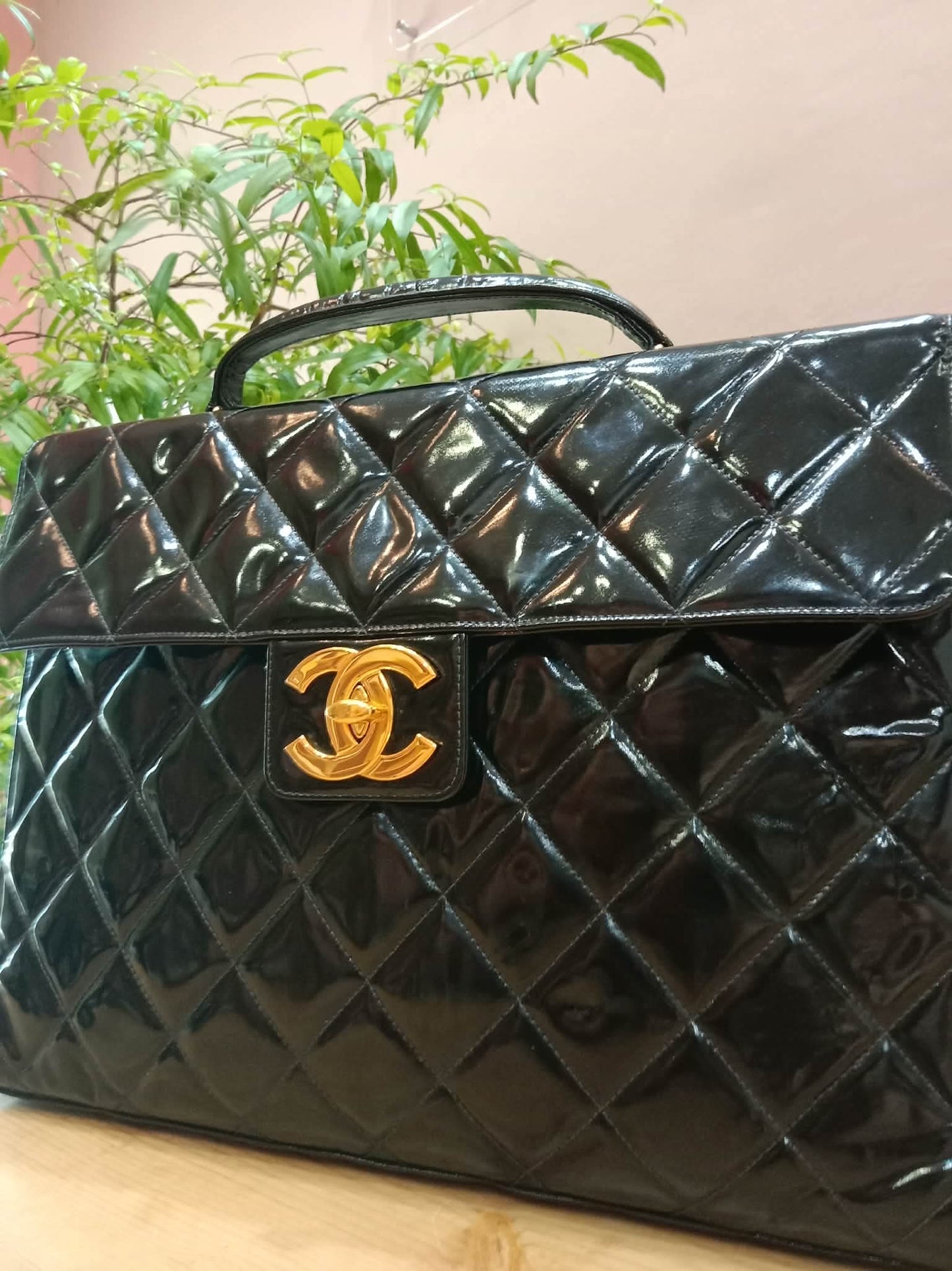 Chanel Vintage Briefcase Quilted Patent Black