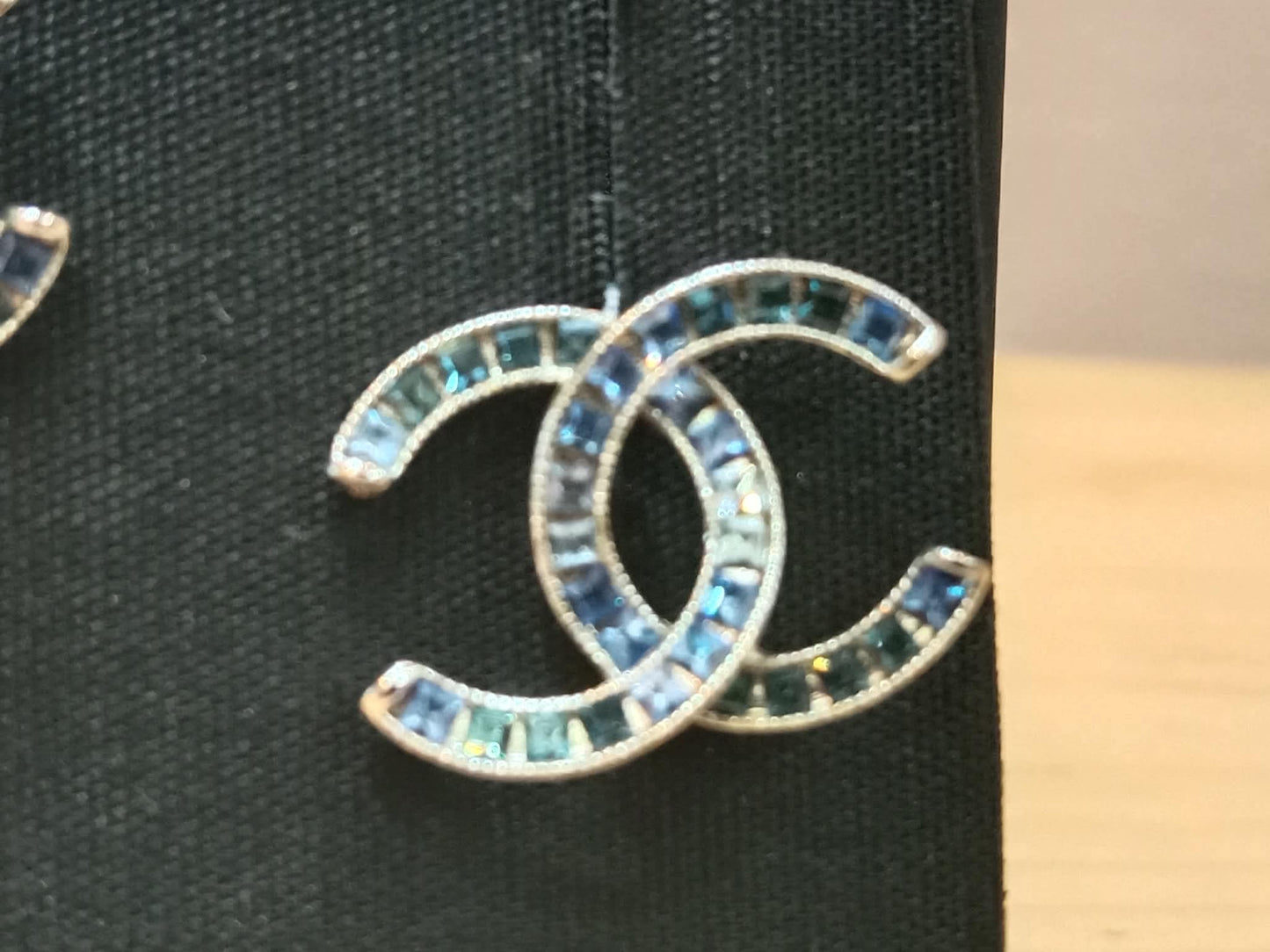 Chanel CC Silver Blue Princess Crystal Stud Earrings