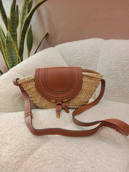 Chloe Marcie Leather Trimmed Raffia Basket Bag Tan