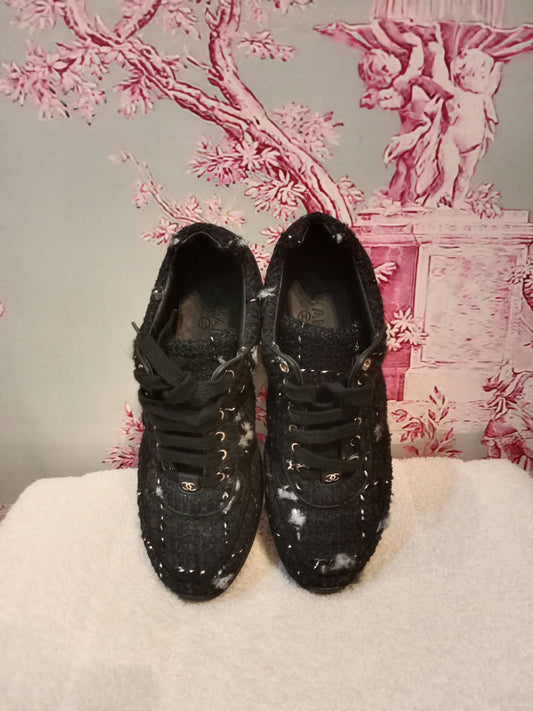 Chanel Tweed Sneakers Silver CC Logo 39 1/2