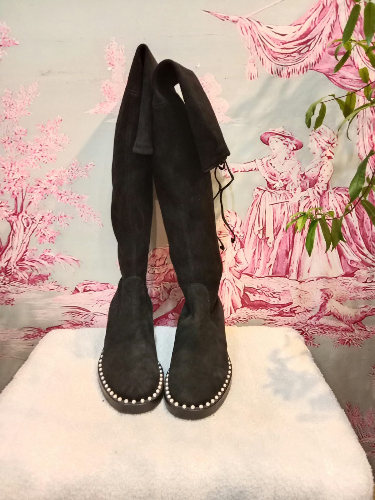 Stuart Weitzman Lowland Lift Pearl Over-the-Knee Boots Black Size 37 1//2