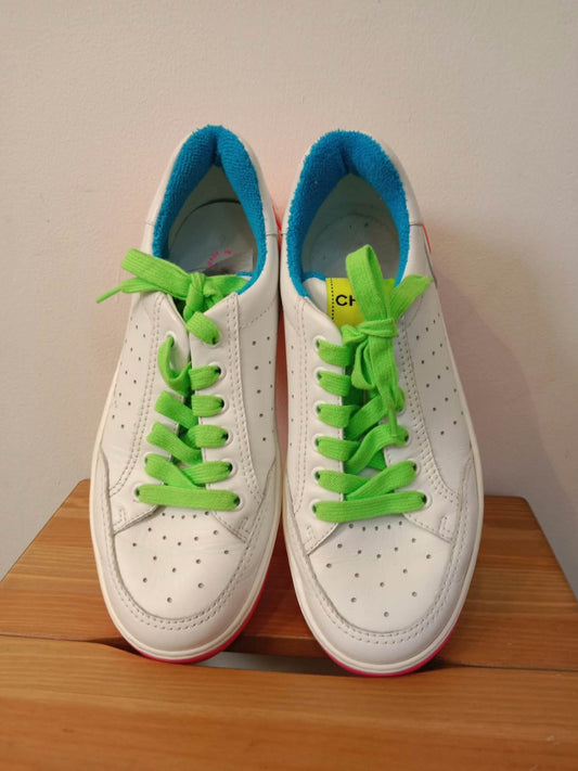 Chanel White Leather CC Lace-Up Sneakers Neon Multicolor Size 37