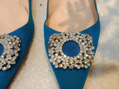 Manolo Blahnik Blue Satin Jewel Buckle Flat Pumps Size 37