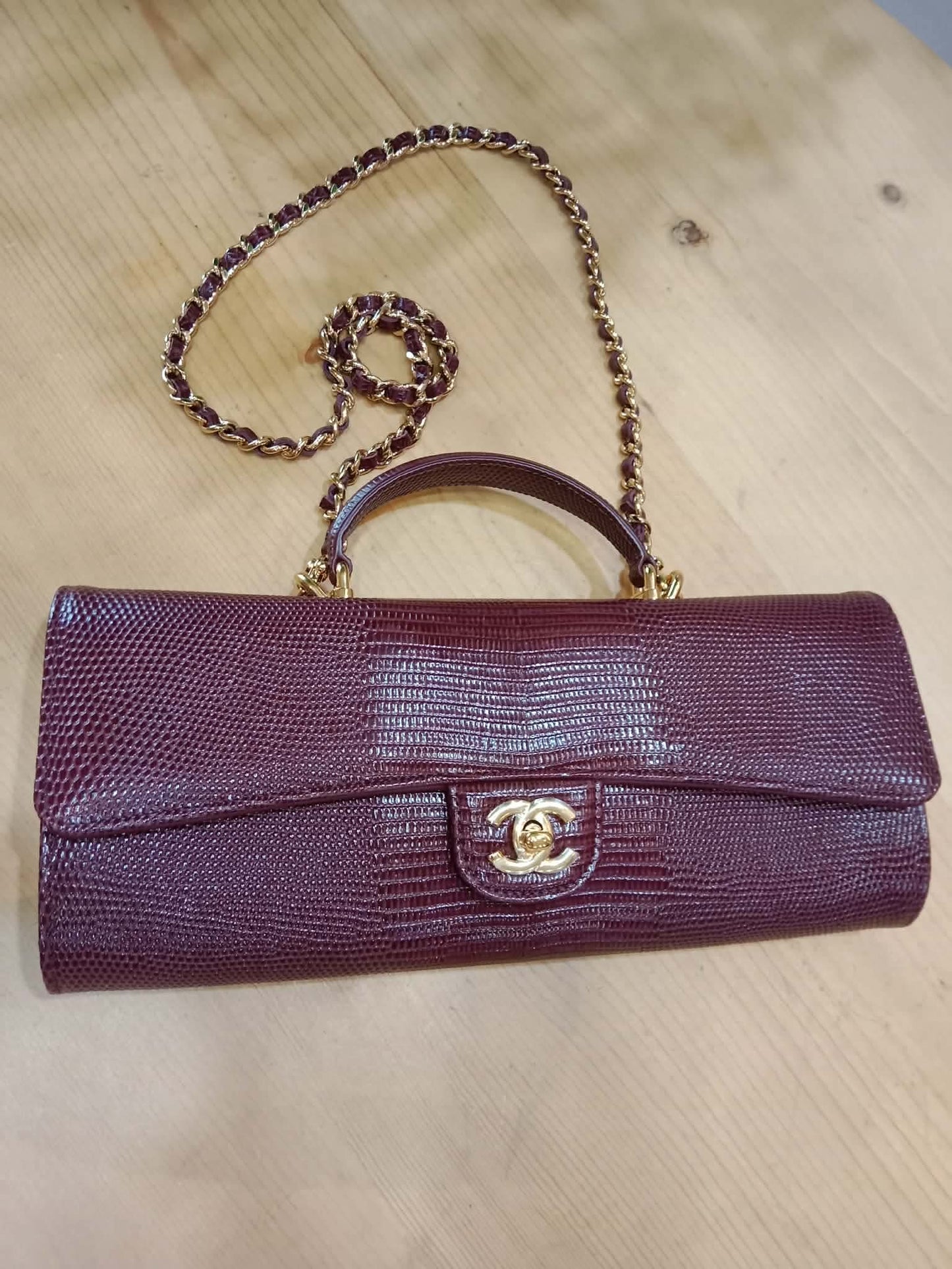 Chanel Tophandle Lizard Embossed Calfskin Clutch Dar Burgundy Microchipped