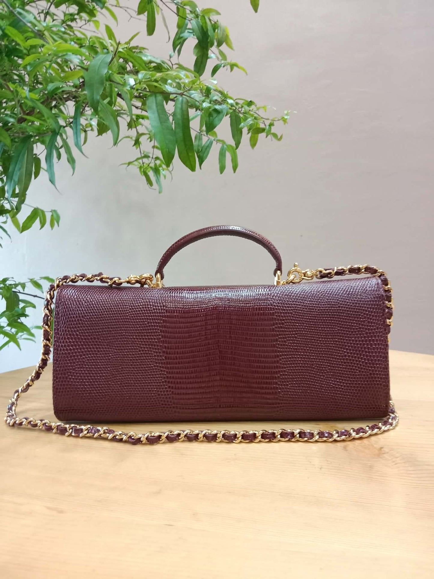 Chanel Tophandle Lizard Embossed Calfskin Clutch Dar Burgundy Microchipped