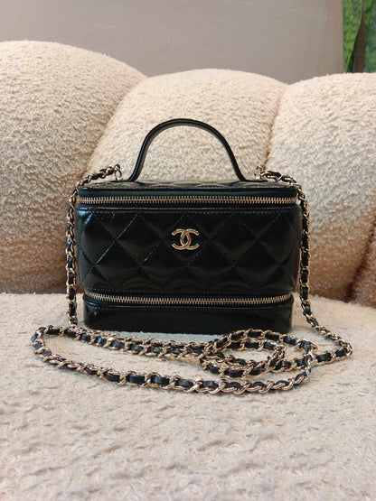 Chanel Small Vanity Glazed Calfskin Chain Shoulder Black Microchipped Fullset