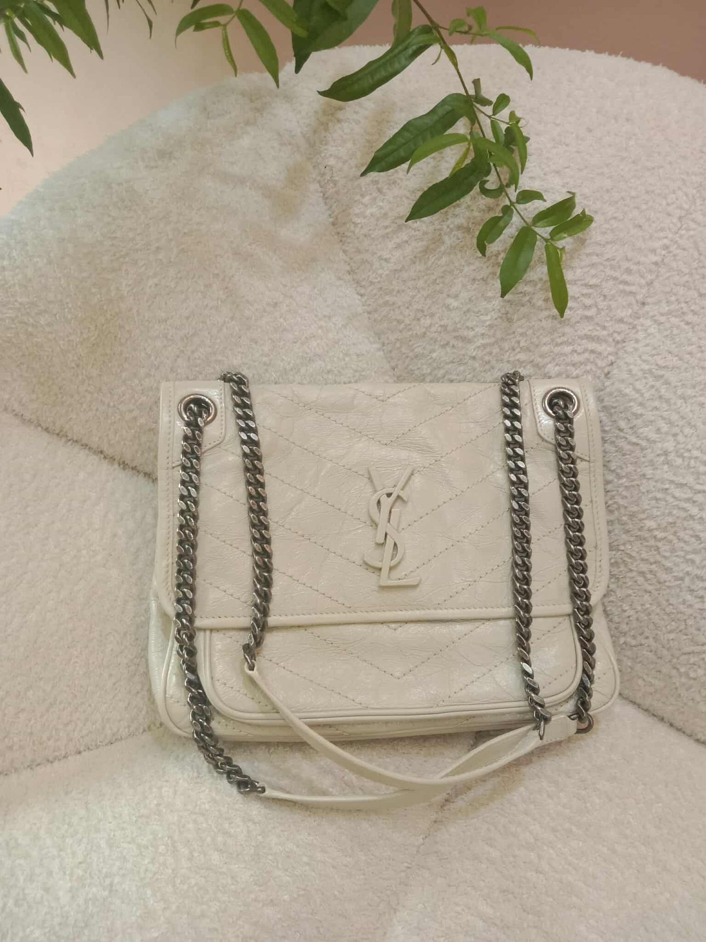 Saint Laurent Niki Medium Shoulder Bag in White Quilted Calfskin