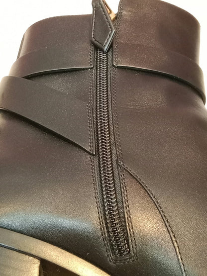 Hermes Jill 60 Ankle Boots Black Calfskin Aged Golden "Glenan" Nautical-Style Buckle Size 38.5