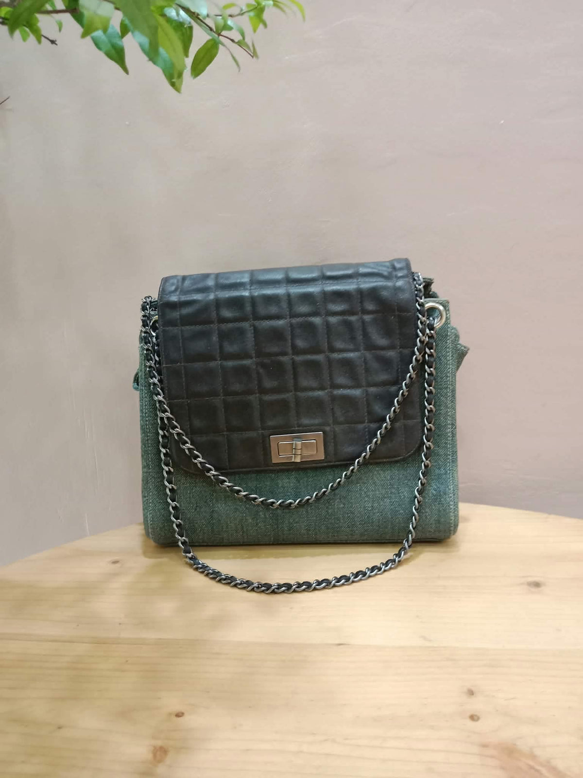 Chanel Vintage Denim and Leather Chocolate Bar Blue Green Denim Series 6