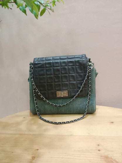 Chanel Vintage Denim and Leather Chocolate Bar Blue Green Denim Series 6