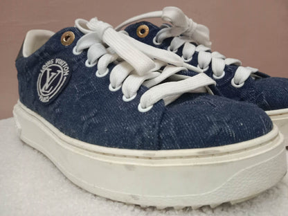 Louis Vuitton Time Out Sneakers Dark Blue Denim Monogram Embossed Pattern Size 37.5