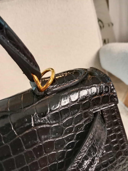 Hermes Kelly 28 Crocodile Noir Stamp S Circle 1989