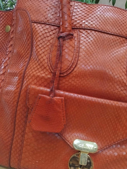 Celine Python Snakeskin Luggage Envelope Tote Bag Orange