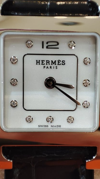 Hermes H Watch Noir Croc Leather Strap