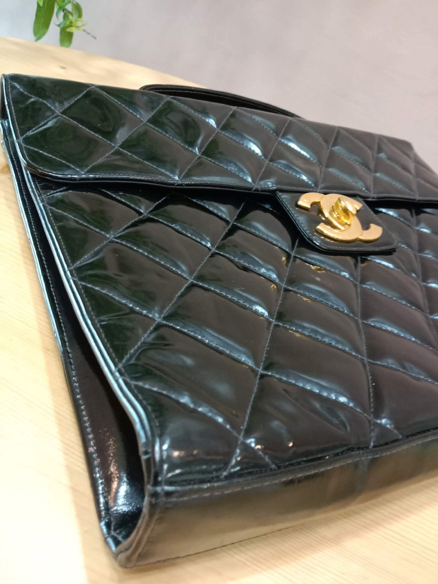Chanel Vintage Briefcase Quilted Patent Black