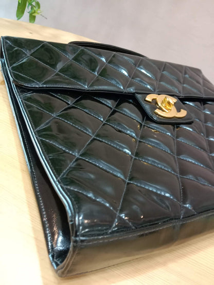 Chanel Vintage Briefcase Quilted Patent Black