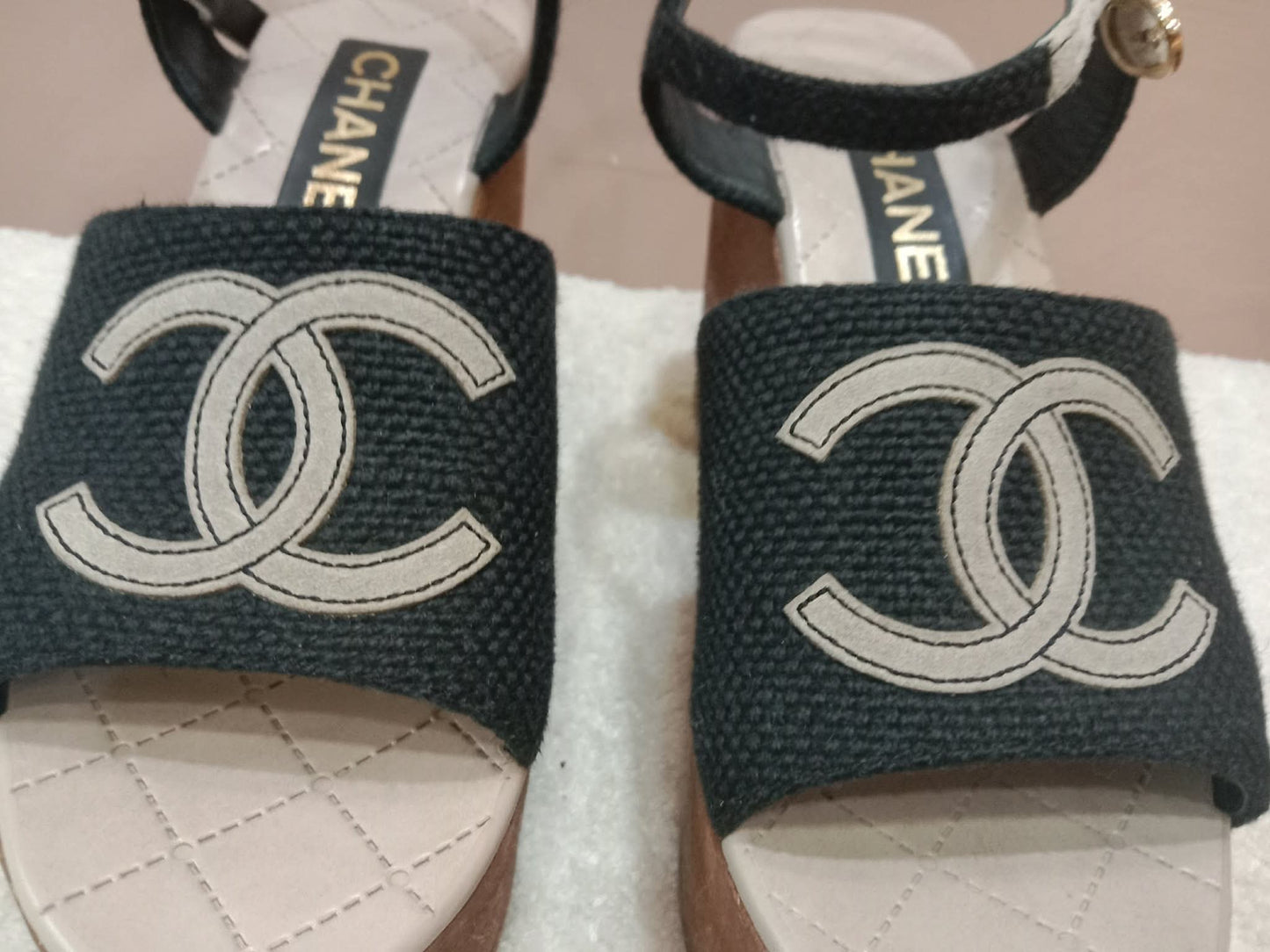 Chanel Wedge Sandals Black Canvas Embroidered Interlocking CC Logo Size 36