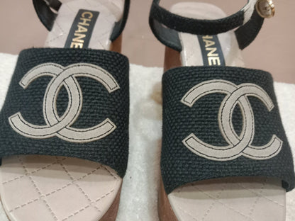 Chanel Wedge Sandals Black Canvas Embroidered Interlocking CC Logo Size 36