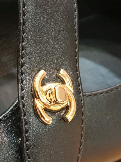 Chanel Mary Jane CC Clasp Flats Black Size 36.5