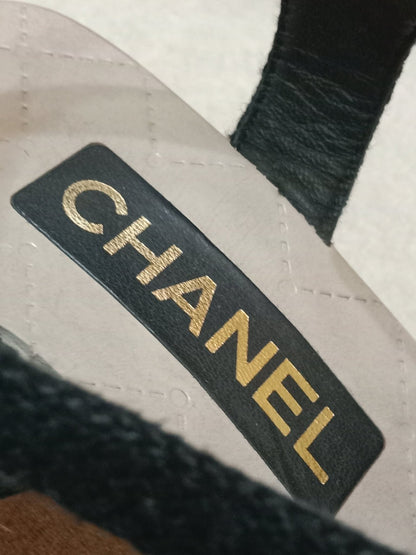 Chanel Wedge Sandals Black Canvas Embroidered Interlocking CC Logo Size 36