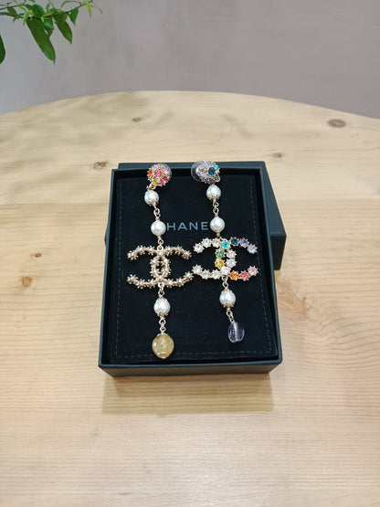 Chanel Rainbow Crystal CC Drop Earrings